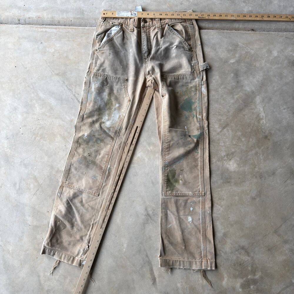 VINTAGE TAN CARHARTT DOUBLE KNEE PANTS PAINTED CARPENTER RIVETED RELAXED 32X32 - Picture 7 of 8